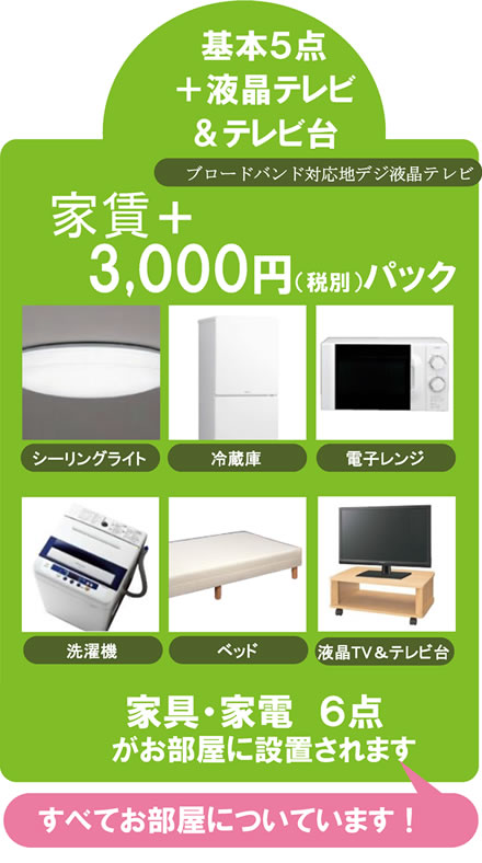 基本5点＋液晶テレビ＆テレビ台（ブロードバンド対応地デジ液晶テレビ）家賃＋3,000円（税別）パック　シーリングライト・冷蔵庫・電子レンジ・洗濯機・ベッド・液晶TV＆テレビ台　家具・家電6点がお部屋に設置されます　すべてお部屋についています！